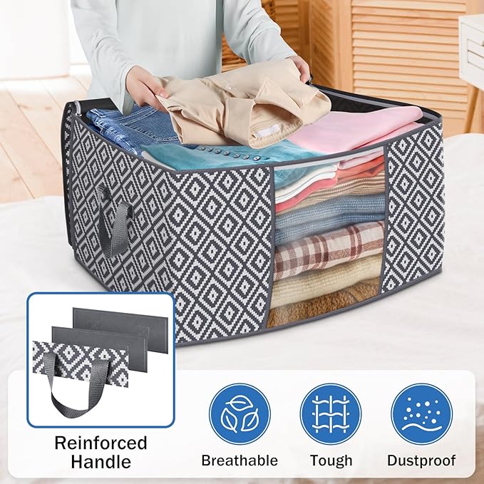 StorageTastic Direct 100L, 4 Pack, Storage Containers, Large Clothes Storage Bins Foldable Organization and Storage Bags with Reinforced Handle, Clear Window for Bedding, Blankets, Clothing, Grey