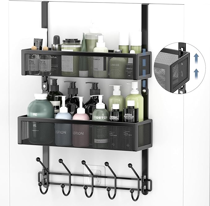 Aimeaihe Adjustable Over The Door Hooks Organizer, Door Hanger Coat Rack with 2 Mesh Baskets and 10 Hooks, Back of Door Storage Organizer for Bedroom,Bathroom,Kitchen (Black)