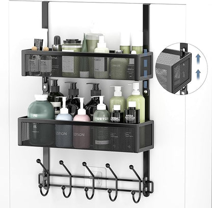 Aimeaihe Adjustable Over The Door Hooks Organizer, Door Hanger Coat Rack with 2 Mesh Baskets and 10 Hooks, Back of Door Storage Organizer for Bedroom,Bathroom,Kitchen (Black)