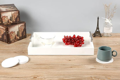 Serving Tray 16.5“X 13“ Deluxe Wooden Ottoman Tray,Coffee Table with Polished Silver Metal Handles-4 Round Coasters Included, White