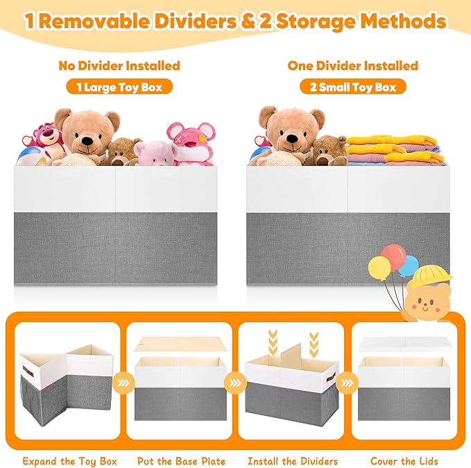 Large Toy Box, Collapsible Sturdy Storage Chest With Lids, Kids Toy Chest Storage Organizer Toddler Bin Boxes for Living Room, Bedroom, Nursery, 25"x13"x16", White & Gray
