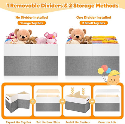 Large Toy Box, Collapsible Sturdy Storage Chest With Lids, Kids Toy Chest Storage Organizer Toddler Bin Boxes for Living Room, Bedroom, Nursery, 25"x13"x16", White & Gray