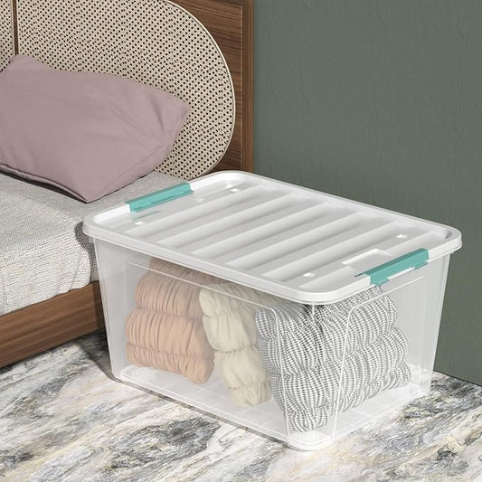 Aninhao 85 Quart Clear Plastic Storage Bin with Wheels, 4-Pack Large Latching Storage Box with Lid