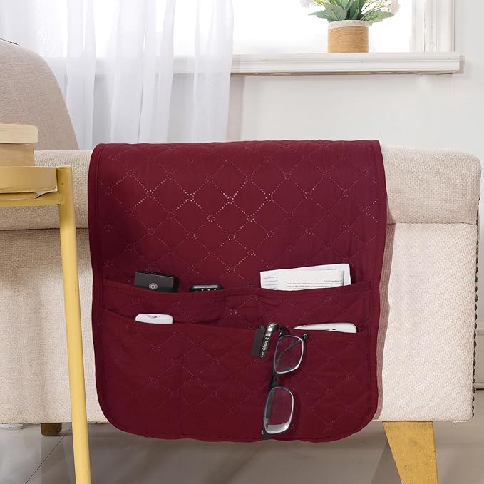 luckyjoyreal Armchair Caddy for Couch Remote Control Holder Non-slip Waterproof Sofa Armset Organizer with 4 Pockets Couch Chair Armrest Storage for TV Remote Control Phone Book 35"x13" Wine 1 Pack