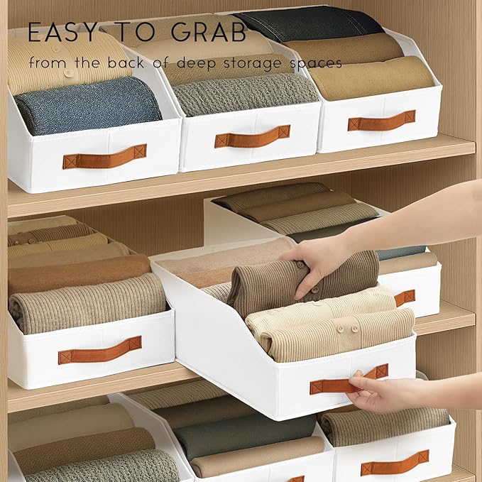 Fabric Storage Bins for Organizing - 8 Pack Large Trapezoid Collapsible Storage Bins with Front Handle, Closet Organizers and Storage for Bedroom, Home Shelves, Small Spaces, White