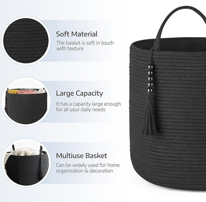 Mkono Woven Storage Basket Decorative Natural Rope Basket Wooden Bead Decoration for Blankets,Toys,Clothes,Shoes,Plant Organizer Bin with Handles Living Room Home Decor, 16"W×13.8"L, Black