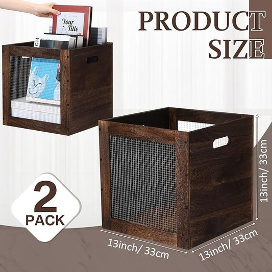 2 Pack Stackable Wood Storage Bins with Metal Wire and Handles 13 x 13 x 13 Inch, 36l Cube Vinyl Record Holder Wooden Storage Crate Basket for Shelve Fruit Vegetable Pantry Toy(Walnut)