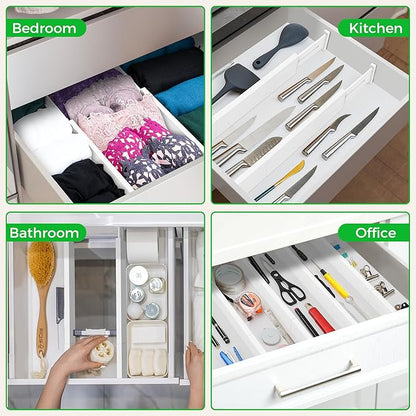 4 Pack Bamboo Drawer Dividers Organizer with Inserts 2.6'' High, Expandable from 12.5-21.7", Adjustable Drawer Organizer Separators for Utensils, Clothing, Office, Dresser, Bedroom, (White)