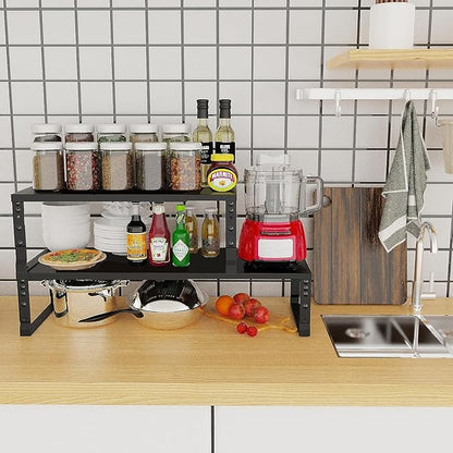 Expandable Cabinet Shelf Organizer Storage Spice Rack Shelves for Kitchen Stackable Adjustable Pantry Cupboard Bathroom Countertop Desktop(1Pack/Black/Large)