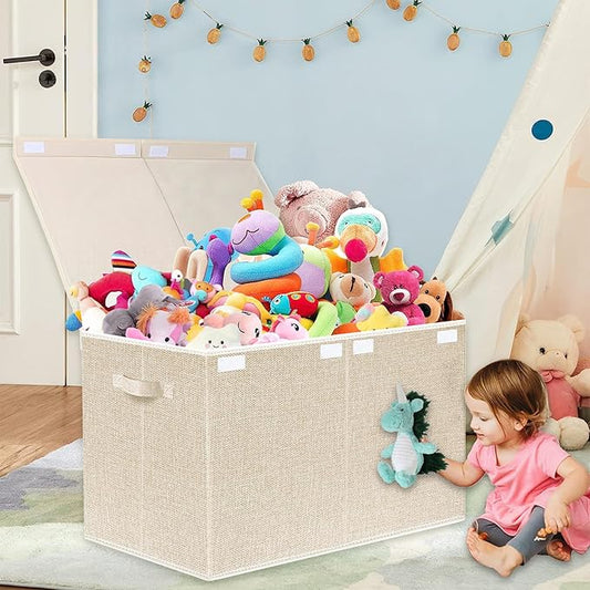 VERONLY Large Toy Box Chest Storage with Lid - Collapsible Kids Toys Boxes Organizer Bins Baskets with Handles for Boys, Girls, Nursery, Playroom, Clothes, Blanket, Bedroom(Beige)
