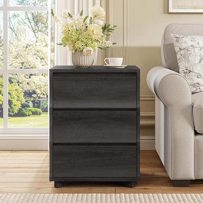 SUCSSRICH Black Nightstand, Night Stand with 3 Drawers, Modern Nightstand with Large Storage, Silent Slides, Wooden End Side Table, Bedside Table with 3 Drawers for Bedroom