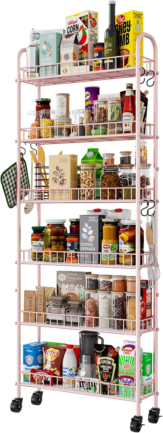 6 Tier Slim Rolling Storage Cart with Wheels, Metal Mobile Shelving Unit Organizer Utility Cart for Office Bathroom Kitchen Laundry Room Narrow Places (Pink 6 Inches)