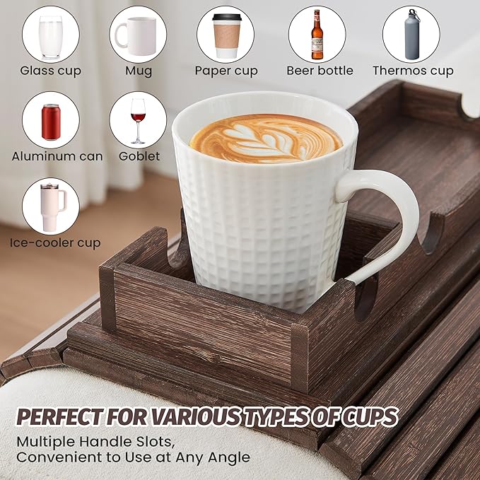 GEHE Detachable Couch Cup Holder, Anti Falling Sofa Arm Tray, Natural Bamboo Sofa Cup Holder More Safe for You Family, Portable Couch Arm Tray Armrest Table for Remote, Snacks, Phone, Drinks