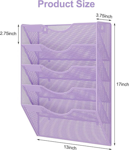 EasyPAG 5 Pocket Mesh Wall File Organizer, Hanging Paper Folder Holder with Classify Label, Vertical Wall Mount Mail Organizer for Office Home Classroom, Purple