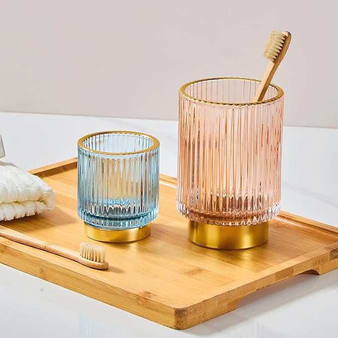 LEICURACE Makeup Brush Organizer, Toothbrush Holder, Desk Pen Pencil Holder, Multifunctional Vintage Glass Brush Cup (S/Blue/A3-13-US)
