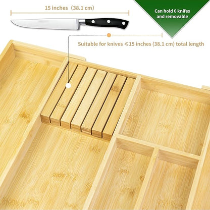VaeFae Bamboo Kitchen Drawer Organizer, Utensil Tray with Multiple Compartments, Cutlery and Silverware Storage