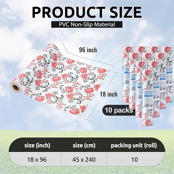 FIFTY FEET 18X96 Inch Shelf Liner for Kitchen Cabinets, PVC Drawer Liner for Dresser Non-Slip Bathroom, Non-Adhesive Cabinet Liner Washable (Red Floral)(10 Roll)