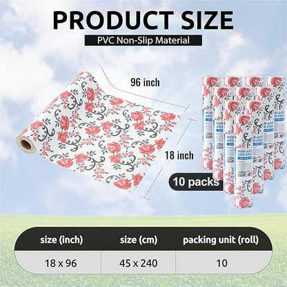 FIFTY FEET 18X96 Inch Shelf Liner for Kitchen Cabinets, PVC Drawer Liner for Dresser Non-Slip Bathroom, Non-Adhesive Cabinet Liner Washable (Red Floral)(10 Roll)