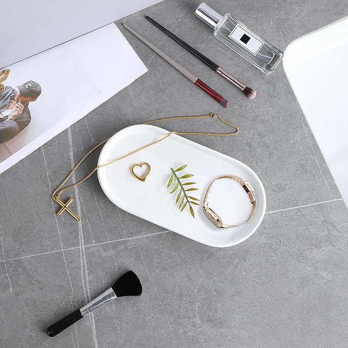 Eyrozia White Round Soap Dispenser Tray - 8'' Ceramic Vanity Tray for Bathroom Decorative, Jewelry Ring Dish, Comestic Holder, Kitchen Sink Countertop Organizer Plate