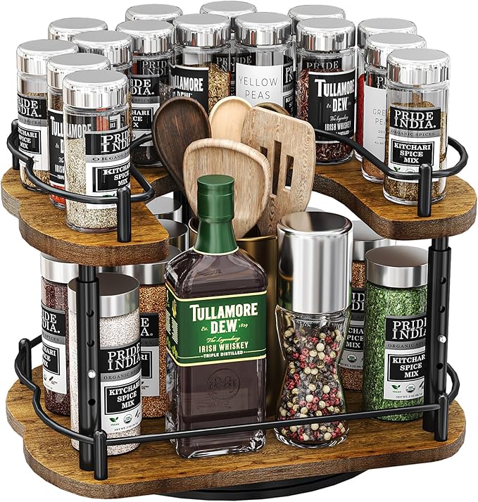 Lazy Susan Organizer Spice Rack - Spice Organization for Cabinet Height Adjustable Rotating Lazy Turntable, Pantry Kitchen Wood Revolving Seasoning Organizer (12 Inch)