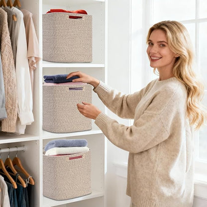 3 Pack Cube Storage Bin, 17”x12”x12” Cotton Rope Woven Baskets for Organizing Toys Clothes Towels, Square Gift Storage Baskets for Shelf, Nursery, Closet, Bathroom, Pantry (Jute)