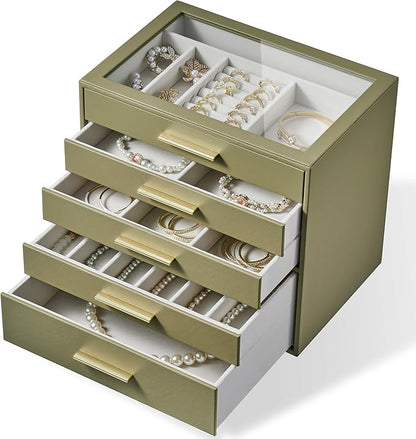 Jewelry Box Organizer Case for Women: 5-Layer Jewelry Storage Case with Glass Window, Olive Green Leather with Cream Velvet, Holder for Ring Necklace Bracelet Brooch Watch, Great Gift for Her