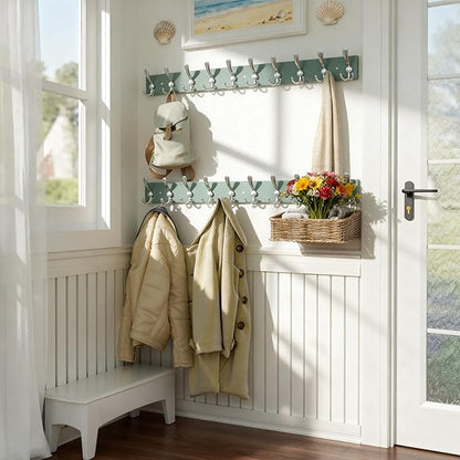 SKOLOO Creations Forest Green Solid Wood Wall Mounted Coat Rack, 10 Hooks, 38-1/8" Long - Kitchen, Mudroom, Entryway, Bathroom - Includes Mounting Hardware, Wall Coat Hanger, Towel Rack, Pack of 2