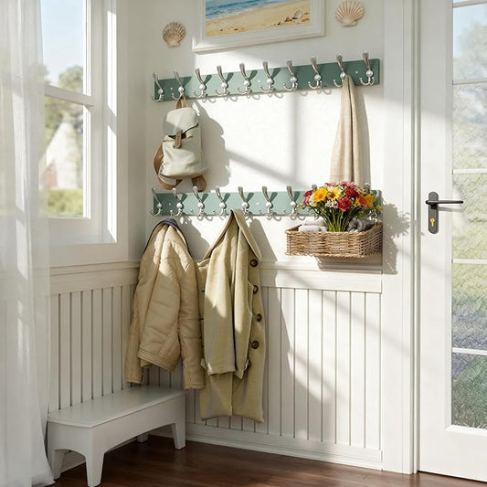 SKOLOO Creations Forest Green Solid Wood Wall Mounted Coat Rack, 10 Hooks, 38-1/8" Long - Kitchen, Mudroom, Entryway, Bathroom - Includes Mounting Hardware, Wall Coat Hanger, Towel Rack, Pack of 2