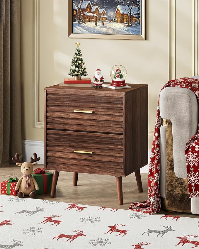 WLIVE Wood Night Stand with 2 Drawers, Mid Century Modern Nightstand, Fluted Bed Side Tablefor Bedroom, Dorm, Living Room End Table