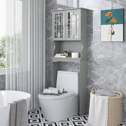 BestComfort Wooden Over The Toilet Storage Cabinet, Home Bathroom Space Saver, Double Doors, Adjustable Shelf Organizer, Open Storage Shelf, Freestanding Toilet Storage Rack Unit (Gray), Grey