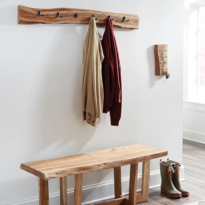 Alpine Natural Live Edge Wood 48-Inch Coat Rack with 6 Black Metal Hooks, Unique Natural Wood Characteristics, and Clear Finish for Entryway, Hallway, or Mudroom by Alaterre Furniture