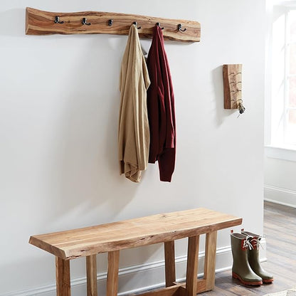 Alpine Natural Live Edge Wood 48-Inch Coat Rack with 6 Black Metal Hooks, Unique Natural Wood Characteristics, and Clear Finish for Entryway, Hallway, or Mudroom by Alaterre Furniture