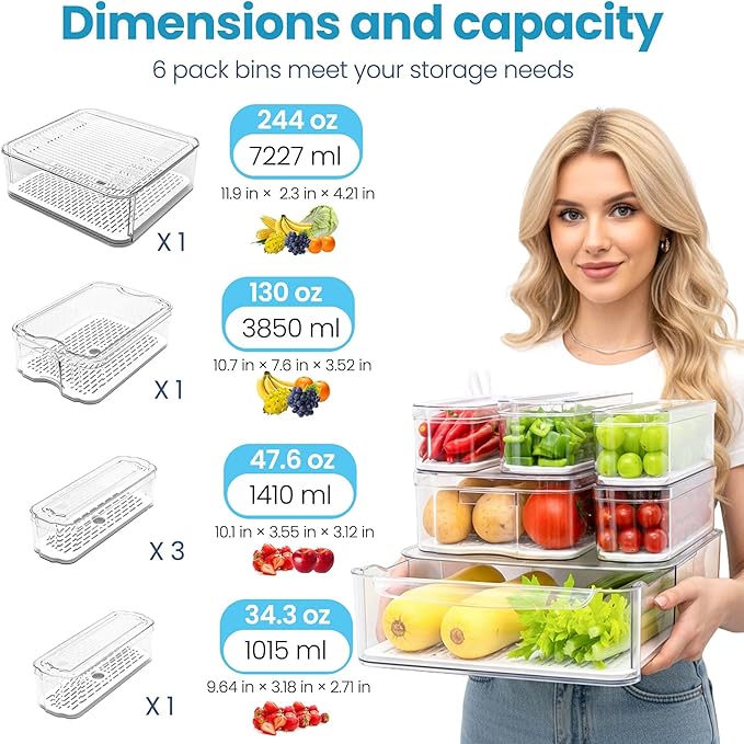 SMRCAD 6 Pack Refrigerator Organizers, Clear Pull-out Drawer Container and Organizer Bins with Lids, Stackable Storage Containers for Fruits, Vegetable (Set of 6 (Include Pull-out Drawer))