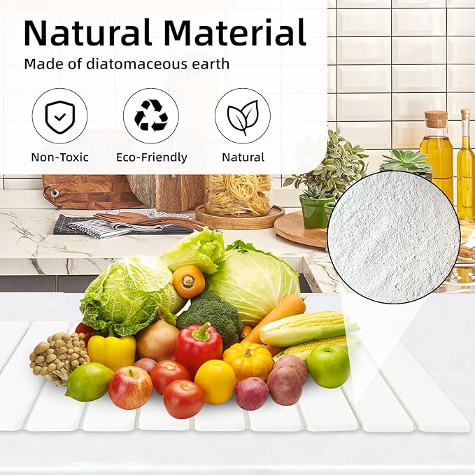 Hoborato Stone Dish Drying Mat, 24"(L)×16"(W) - Fast-Drying, Collapsible Kitchen Counter Mat for Dishes, Cups & Bottles with Sanding Tool + Placemat, White