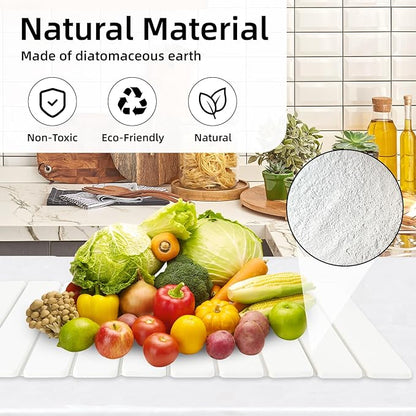 Hoborato Stone Dish Drying Mat, 24"(L)×16"(W) - Fast-Drying, Collapsible Kitchen Counter Mat for Dishes, Cups & Bottles with Sanding Tool + Placemat, White