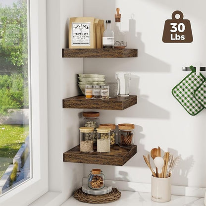 Fun Memories 12 Inch Square Floating Shelves 3 Pack - Wall Shelves with Invisible Brackets, Small Floating Shelves for Wall, Brown Wood Shelves for Bathroom, Living Room, Bedroom, and Kitchen Decor