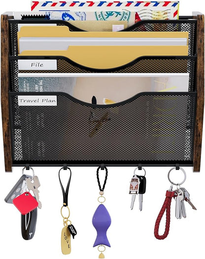 Wall File Organizer With Hooks,3 Tier Mesh Mail Organizer Wall Mounted,Hanging File Organizer,Magazine Holder for Documents,Magazine,Literature,File,Mails,Envelopes