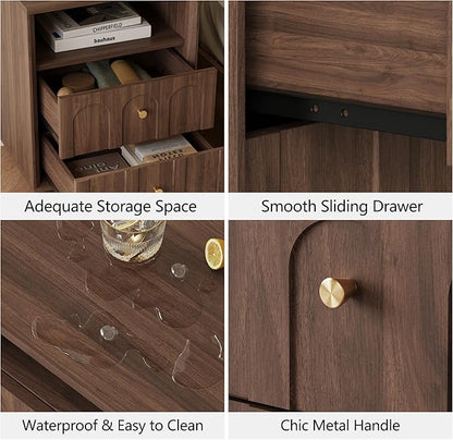 FORTUNETEC Nightstand with Charging Station, Mid Century Modern Nightstand with Arched Design, Minimalist End Table with Wood Grain Texture, Bedside Table for Bedroom Living Room Sofa Office, Walnut