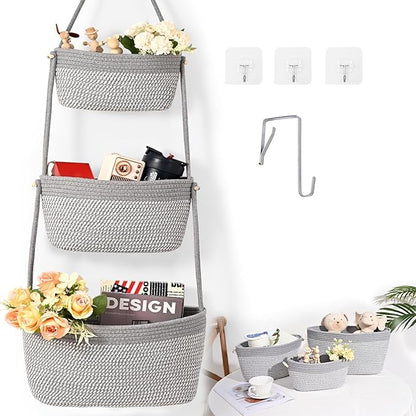 Hanging Storage Baskets, Over The Door Basket, Cotton Wall Baskets Storage, Hanging Door Basket with 4 Hooks