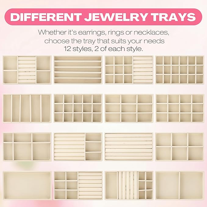 Landical 32 Pcs Jewelry Tray Velvet Stackable Jewelry Organizer Trays Drawer with Divider Earring Ring Necklace Display (Beige)