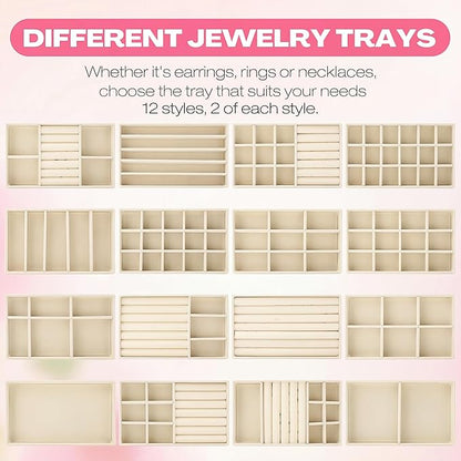 Landical 32 Pcs Jewelry Tray Velvet Stackable Jewelry Organizer Trays Drawer with Divider Earring Ring Necklace Display (Beige)