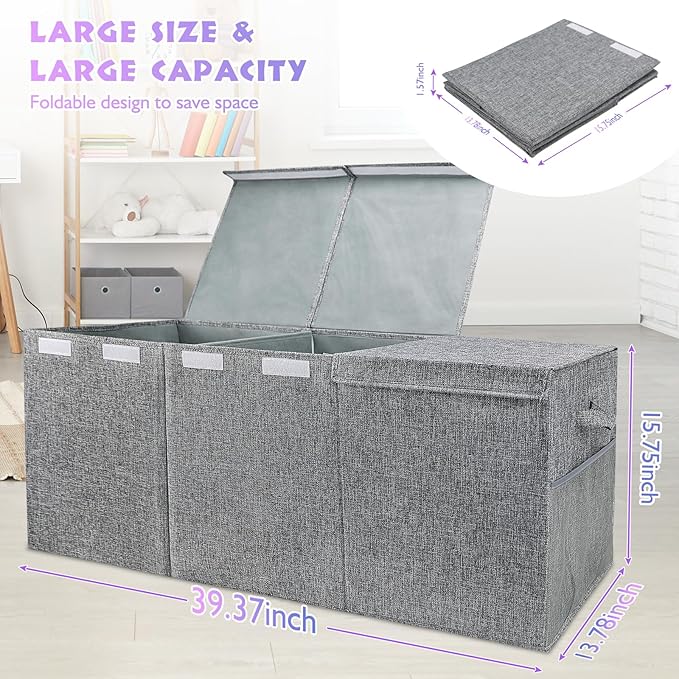 Extra Large Toy Storage Organizer with Lid, Large Toy Box Collapsible Toy Chest Storage Box Design - Toys Bin with Dividers for Kids, Nursery, Bedroom, Playroom-40 x16 x14''
