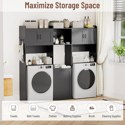 Over The Washer and Dryer Storage Cabinet, Laundry Room Organizer Standing Shelf with Tilt-Out Laundry Hamper Cabinet and Hooks, Space Saving Laundry Room Cabinets