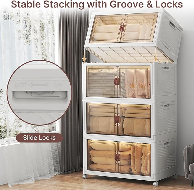 Extra Large Stackable Storage Bins, Lockable Storage Bins with Lids, Folding Storage box with Doors and Wheels, Collapsible Plastic Drawers for Home, Garage, Office (4, White, Extra Large)