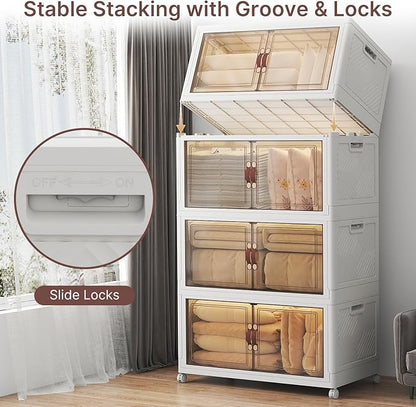 Extra Large Stackable Storage Bins, Lockable Storage Bins with Lids, Folding Storage box with Doors and Wheels, Collapsible Plastic Drawers for Home, Garage, Office (4, White, Extra Large)