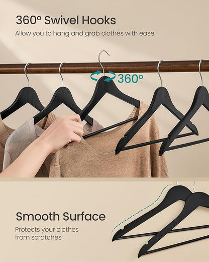 SONGMICS Wooden Hangers, Pack of 30, Coat Hangers, Pants Bar, 360° Swivel Hooks, Solid Birch Wood, Space Saving, for Jackets, Shirts, Coats, Ink Black UCRW030B01