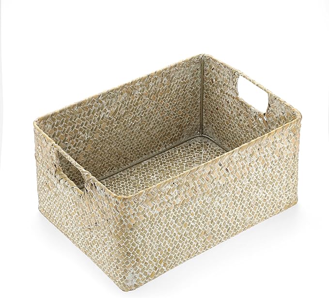 Hipiwe Seagrass Storage Basket Bin Rectangular Handwoven Wicker Storage Box with Handle Opened Baskets for Shelf Organizing Closet Bathroom, 13.3 x 9.8 x 6.7 Inch