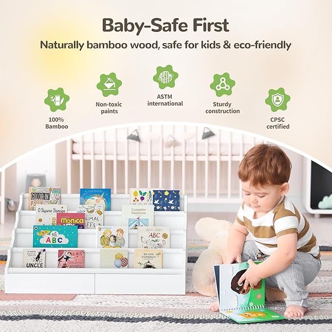 ELYKEN Toddler Bookshelf for Kids Rooms, Nursery Book Shelves with Open Forward Display, Montessori Book shelf for Baby Room, Small Children Classroom Books Rack Storage, Reading Corner for Kid, White