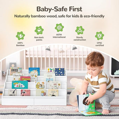 ELYKEN Toddler Bookshelf for Kids Rooms, Nursery Book Shelves with Open Forward Display, Montessori Book shelf for Baby Room, Small Children Classroom Books Rack Storage, Reading Corner for Kid, White