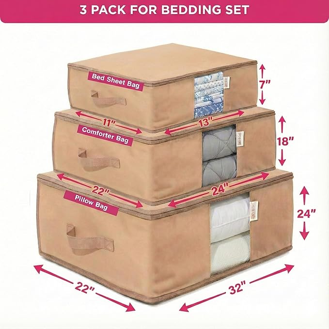 Cedar Storage Bag Organizer for Bedding Set - Protects from Moths, Moisture, Dirt & Dust - Set of 3 Storage Bags for Bed Sheets, Comforter, Pillows & More - Space-Saving Bedding Organizer, Beige